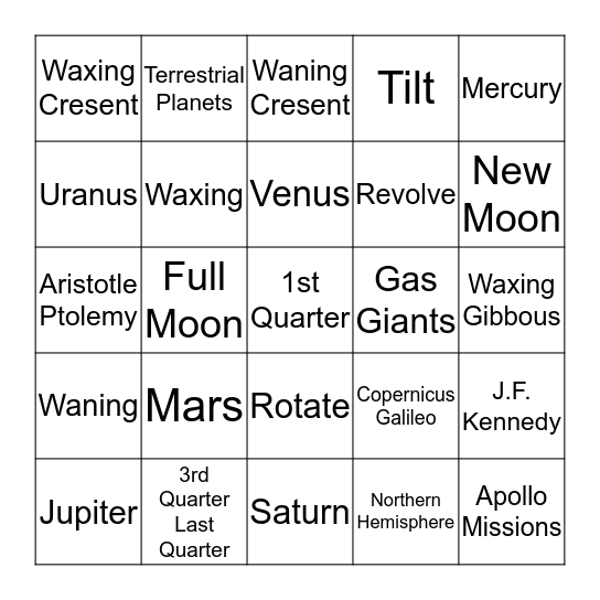 Solar System Bingo Card