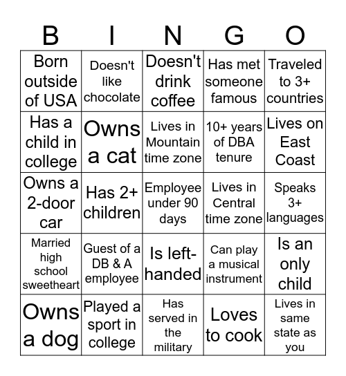 DB & A BINGO Card