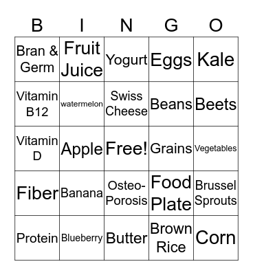 Nutrition  Bingo Card