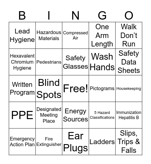 LMI Safety Bingo Card