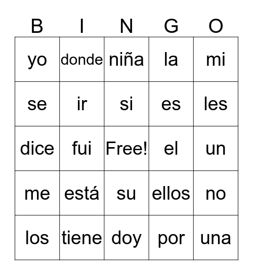 Bingo con Palabras Bingo Card