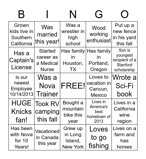 Nova Inc. Bingo Card