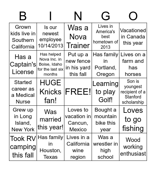 Nova Inc. Bingo Card