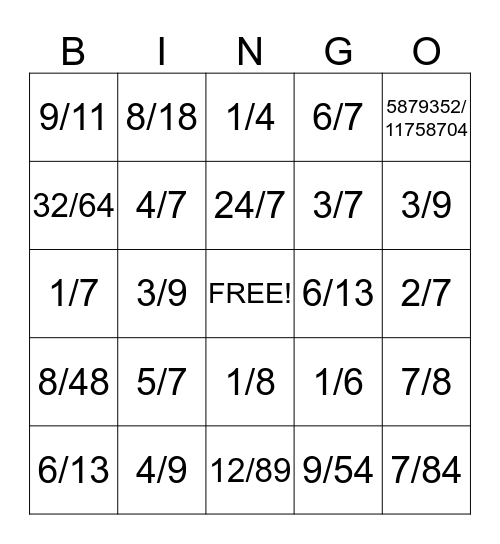 Fraction Bingo Card