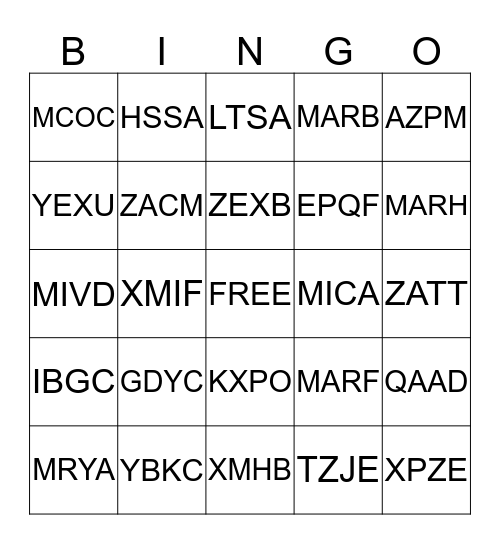Rate Code Bingo Card
