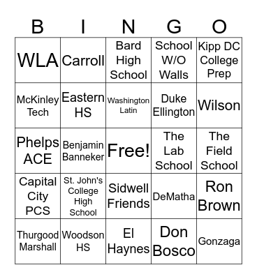 High School Placement BINGO Card