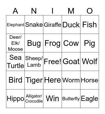 Animals Bingo Card