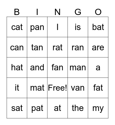 Recognizing -an and -at Words Bingo Card