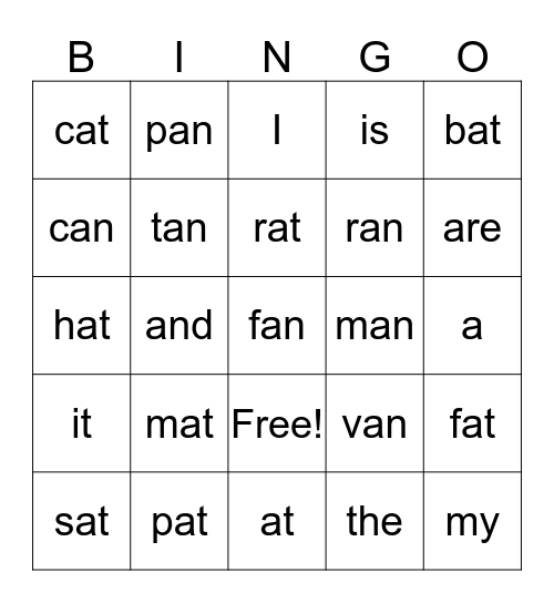 Recognizing -an and -at Words Bingo Card