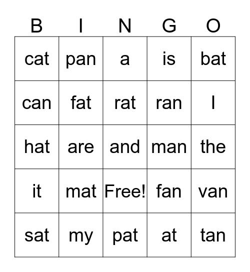 Recognizing -an and -at Words Bingo Card