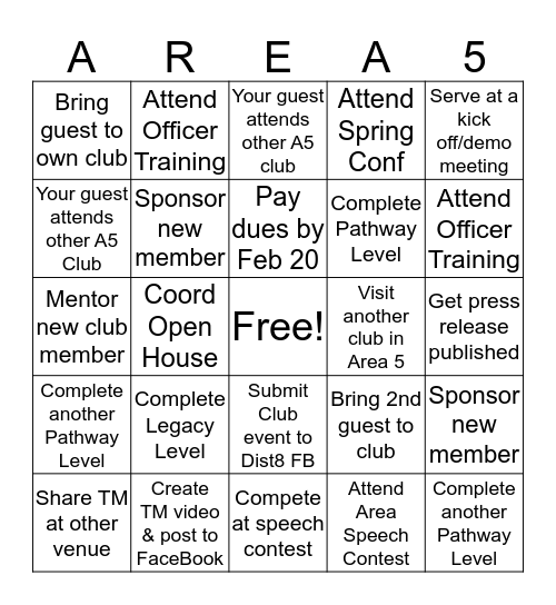 AREA 5  Toastmasters Bingo Card