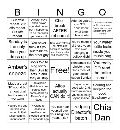 Choir Bingo Card