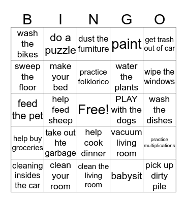 chores Bingo Card