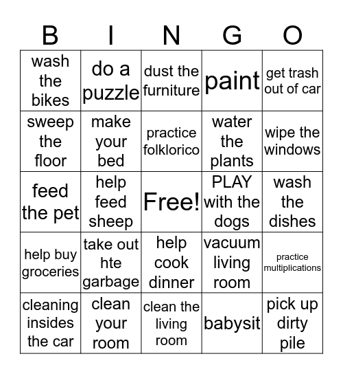 chores Bingo Card