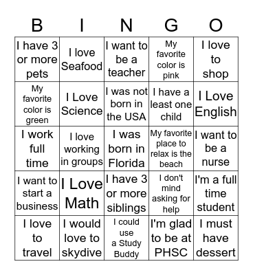 Getting to know You! Bingo Card