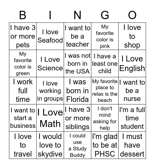 Getting to know You! Bingo Card