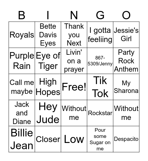 Greatest Hits Bingo Card