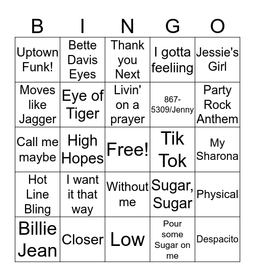 Greatest Hits Bingo Card