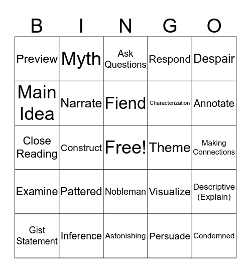 7th ELA 2019 Midterm Vocab BINGO Card