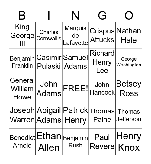 U.S. Revolutionary War Bingo Card