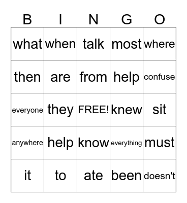 sight words bingo Card