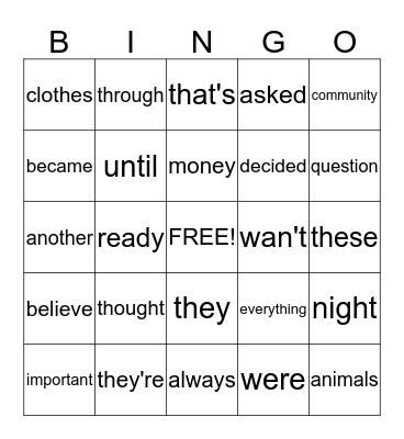 Sight Words Bingo Card