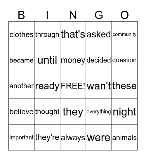 Sight Words Bingo Card