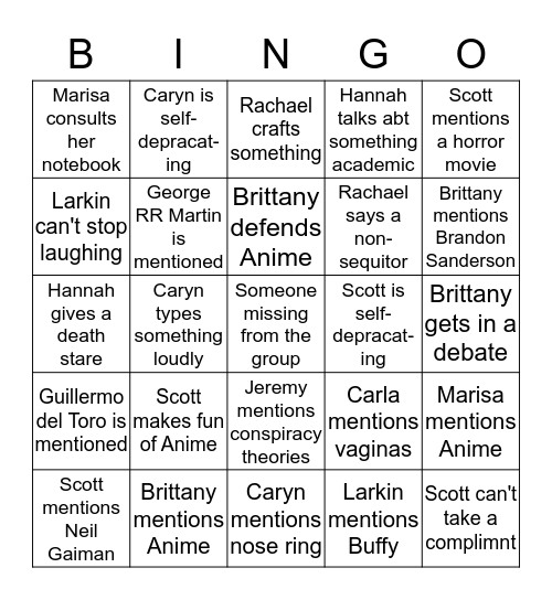 Writing Group Bingo Card