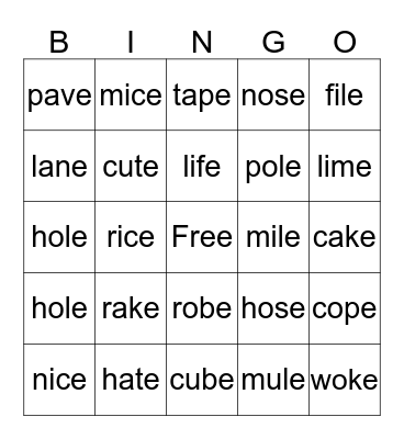 CVCE Words Bingo Card