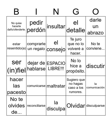 Vocabulary Bingo Card