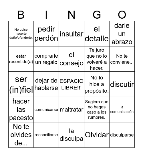 Vocabulary Bingo Card