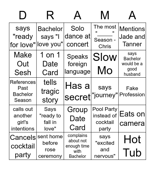 Bachelor Bingo: The Right Reasons Bingo Card