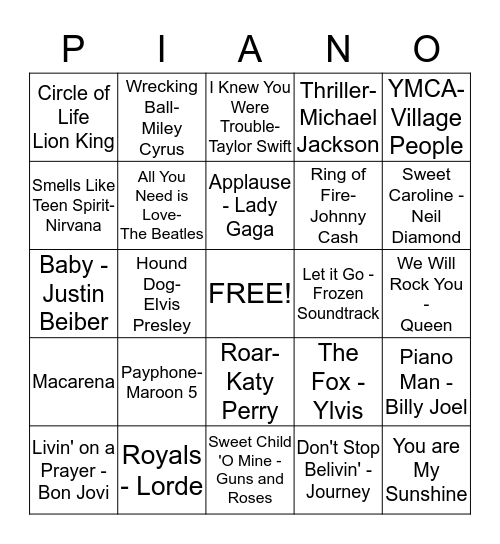 Name That Tune! Bingo Card
