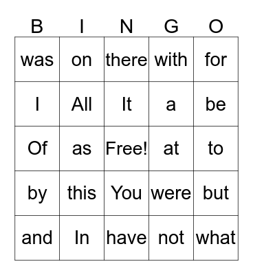 Sight Words Bingo Card