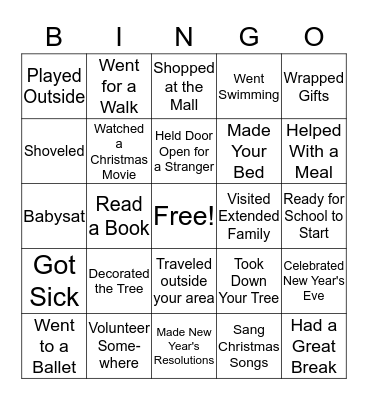 Winter Break Bingo  Bingo Card