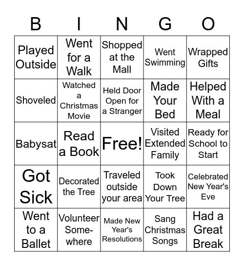 Winter Break Bingo  Bingo Card