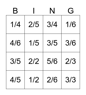 Fraction Bingo Card