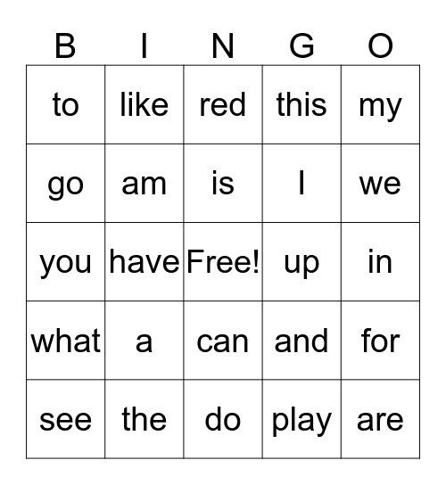 Prek Fluency Words Bingo Card