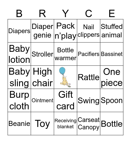 Baby Shower Gifts Bingo Card