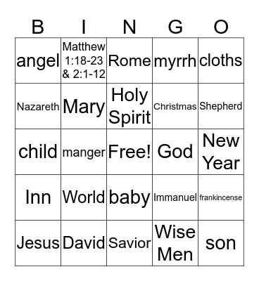 Christmas/ New Years Bingo Card