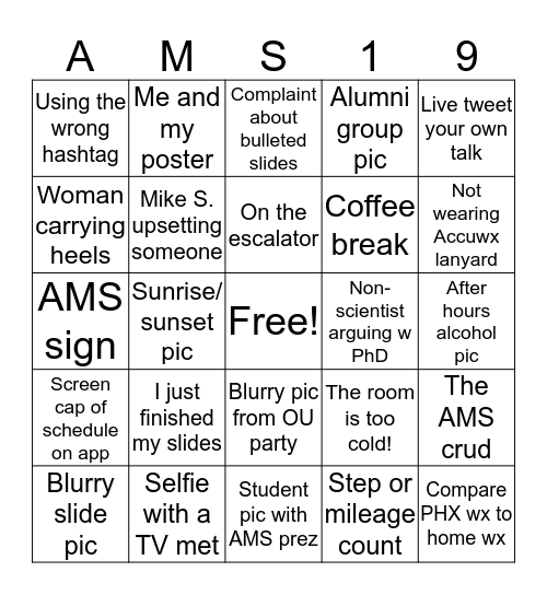 #AMS2019 Twitter Bingo Shutdown Orphan Edition Bingo Card