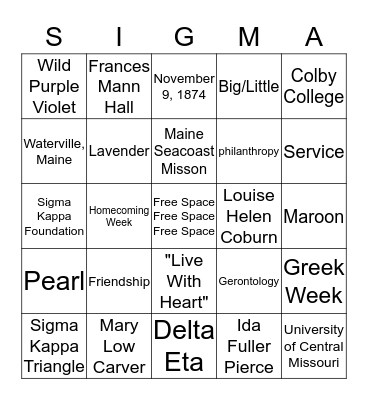 Sigma Kappa Bingo Card