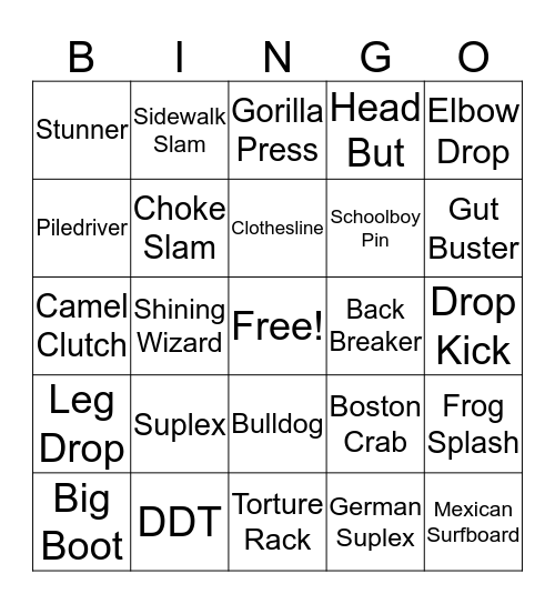 Rage Bingo - Wrestling Moves Bingo Card