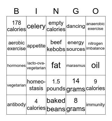 Protein & Energy Balance BINGO Card