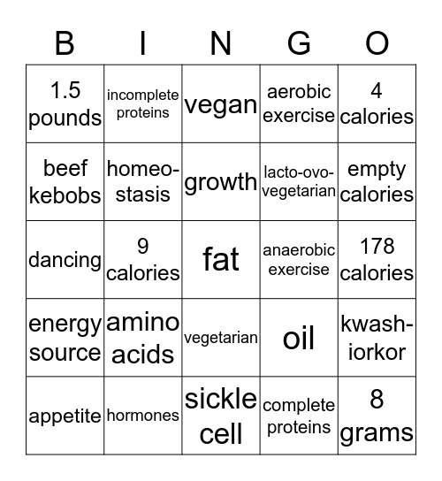 Protein and Energy Balance BINGO Card