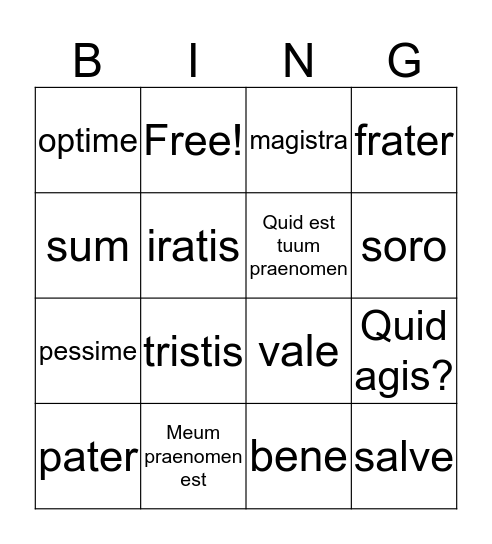 Latin Ch. 1-5 Bingo Card