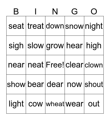 ou, ow, igh, ea, vowel sounds Bingo Card