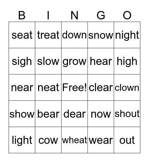 ou, ow, igh, ea, vowel sounds Bingo Card