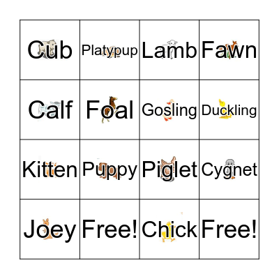 Animal Offspring Names Bingo Card