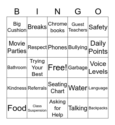 Classroom Expectations Bingo Card